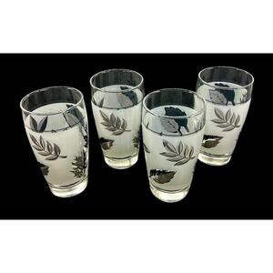 Vintage Libbey Frosted Silver Leaf Tumblers Glasses Lot Of 4 - 5.25"